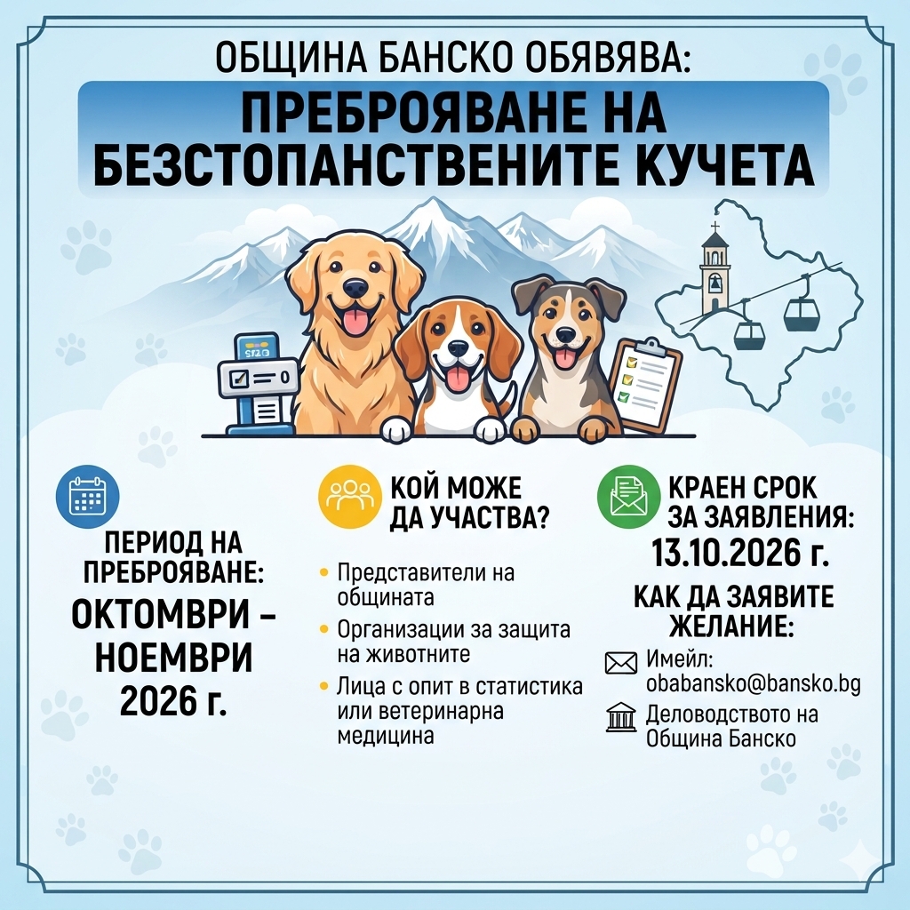 ОБЩИНА БАНСКО ЩЕ ИЗВЪРШИ ПРЕБРОЯВАНЕ НА БЕЗСТОПАНСТВЕНИТЕ КУЧЕТА